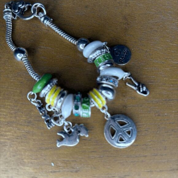 Jewelry Nexus Peace green yellow silver themed charm bracelet preowned - Picture 3 of 3